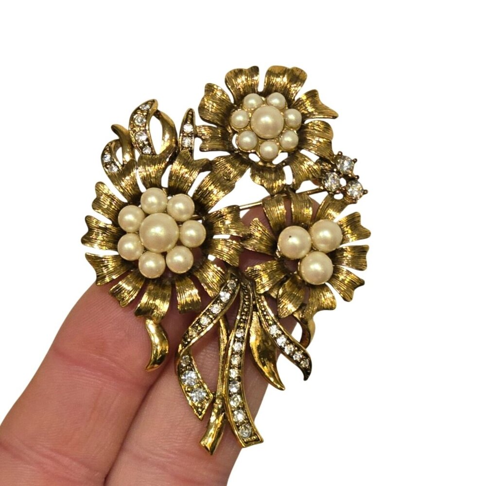 Vintage Monet Gold Floral Brooch Faux Pearl Rhinestone Flower Spray Mid Century